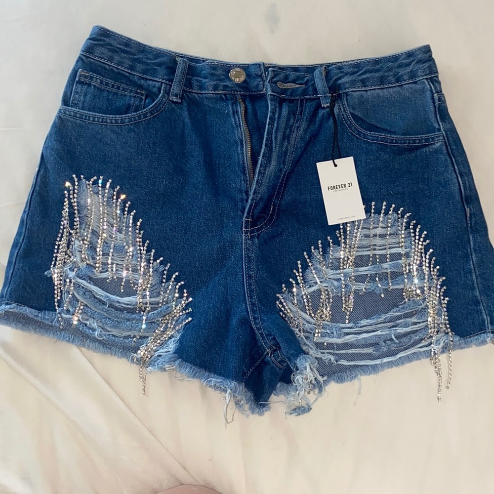 Rhinestone fringe denim shorts